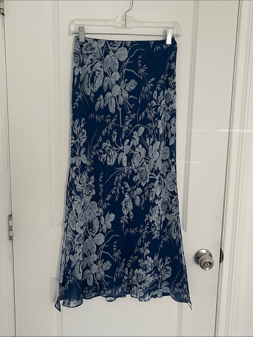 Express Navy Floral Maxi Skirt with White Print